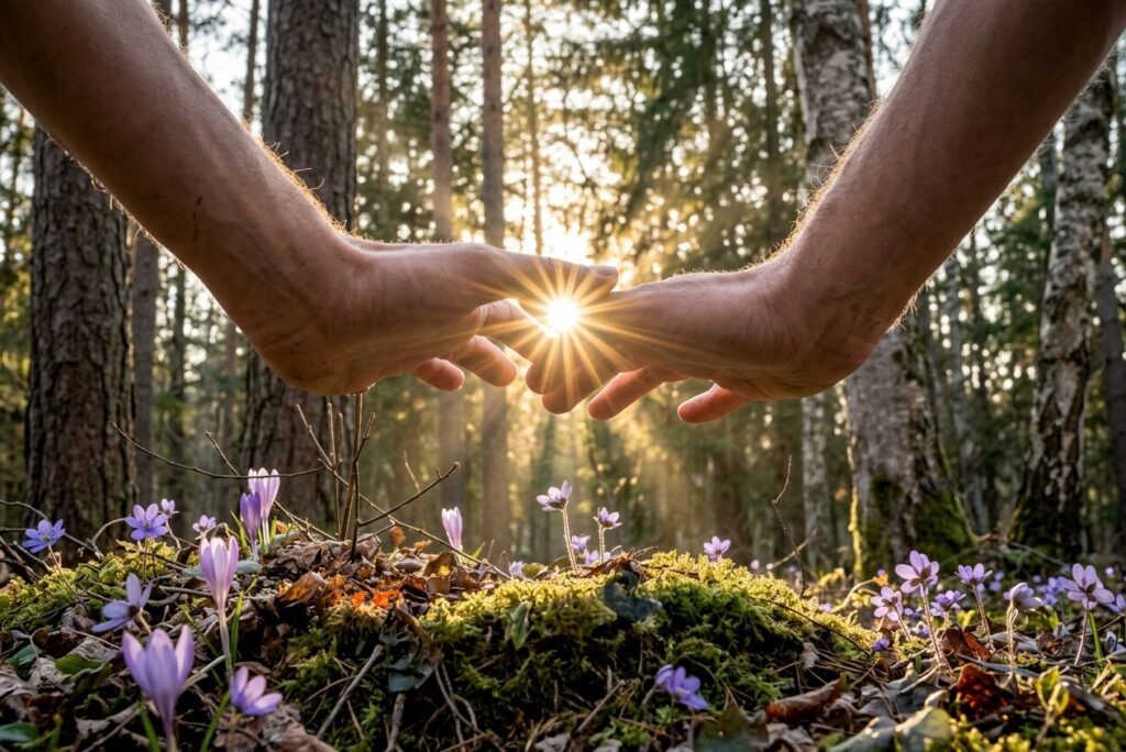 Handen in het bos bij zonsondergang